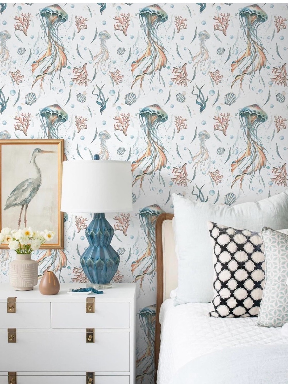 NWT- Jellyfish Pattern Blue and Coral Wallpaper Peel and Stick